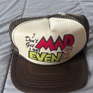 Vintage 1983 Brown and Cream Graphic Trucker Hat Snapback GET EVEN 🤛